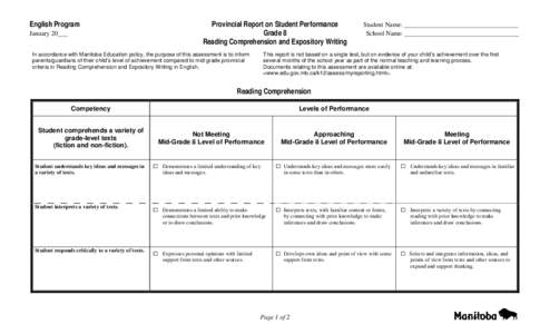 English Program January 20___ Provincial Report on Student Performance Grade 8 Reading Comprehension and Expository Writing