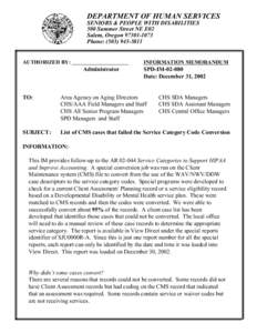 DEPARTMENT OF HUMAN SERVICES SENIORS & PEOPLE WITH DISABILITIES 500 Summer Street NE E02 Salem, Oregon[removed]Phone: ([removed]