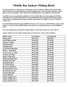 Mobile Bay Inshore Fishing Reefs The Marine Resources Division has constructed a total of 14 inshore fishing reefs located within Mobile, Bon Secour and Perdido Bays, and Mississippi Sound. Concrete bridge materials, cul