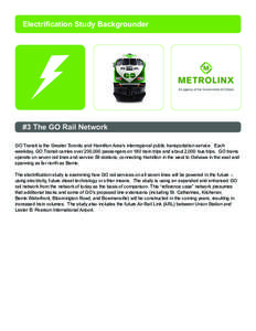 Electrification Study Backgrounder  #3 The GO Rail Network GO Transit is the Greater Toronto and Hamilton Area’s interregional public transportation service. Each weekday, GO Transit carries over 200,000 passengers on 