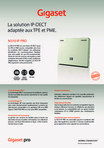 La solution IP-DECT adaptée aux TPE et PME. N510 IP PRO La N510 IP PRO est une borne IP DECT pour les TPE et PME qui est compatible avec tous les combinés DECT Gigaset. Les utilisateurs