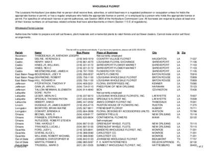 WHOLESALE FLORIST The Louisiana Horticulture Law states that no person shall receive fees, advertise, or solicit business in a regulated profession or occupation unless he holds the appropriate license or permit, or has 