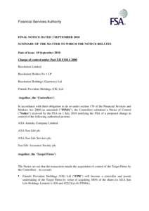 Financial Services Authority  FINAL NOTICE DATED 3 SEPTEMBER 2010