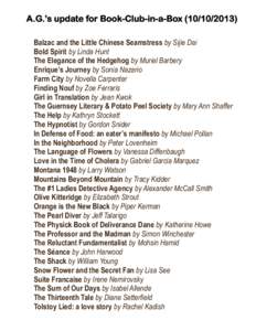 Year of birth missing / Dai Sijie / Elizabeth Strout / Balzac and the Little Chinese Seamstress / Zoë Ferraris / Olive Kitteridge / Michael Pollan / Honoré de Balzac / Muriel Barbery / Literature / Fiction / Nationality