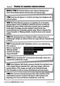 Handout 5  Timeline for Australian national anthems Before 1788 No national anthem exists. Separate Aboriginal and Torres Strait Islander groups each have their own special songs.