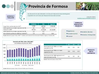 Provincia de Formosa Este documento ha sido elaborado en la Dirección Nacional de Desarrollo Regional conjuntamente con la Dirección Nacional de Desarrollo Sectorial. SUPERFICIE Y POBLACIÓN