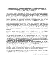 Zusammenfassung der Resolutionen zum Umgang der Windhundsportvereine, der Greyhoundbesitzer und der Landesgruppen, mit der Federation (DGC = Deutscher Greyhound Club) und dessen Mitgliedern. Amfand in Sachsen