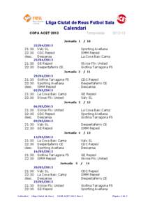 Lliga Ciutat de Reus Futbol Sala  Calendari COPA ACET[removed]Temporada