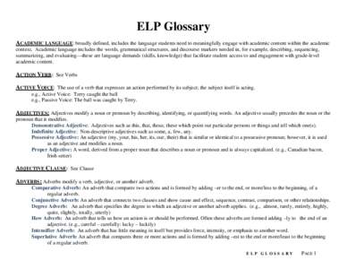 ELP Glossary ACADEMIC LANGUAGE: broadly defined, includes the language students need to meaningfully engage with academic content within the academic context. Academic language includes the words, grammatical structures,