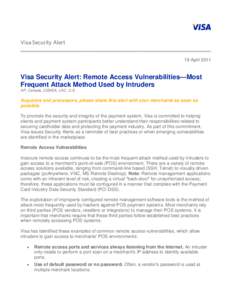 Visa Security Alert: Remote Access Vulnerabilities—Most Frequent Attack Method Used by Intruders