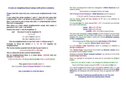 A note on neighbourhood values with prime numbers. Please read this note w hen you come across neighbourhoods in the text. If you select the prime numbers 7 and 11, then the first value that contains both 7 and 11 as fac