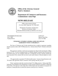 Office of the Attorney General Paul G. Summers Department of Commerce and Insurance Commissioner Anne Pope  NEWS RELEASE