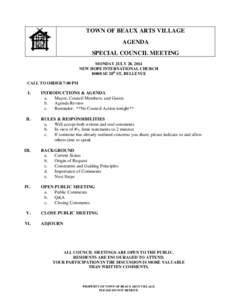 TOWN OF BEAUX ARTS VILLAGE AGENDA SPECIAL COUNCIL MEETING MONDAY JULY 28, 2014 NEW HOPE INTERNATIONAL CHURCH[removed]SE 28th ST, BELLEVUE