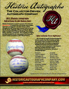 The Collector-Driven Autograph Company 2013 Historic Autographs Ball of Fame II with Modern Stars Historic Autographs is proud to annouce the release of