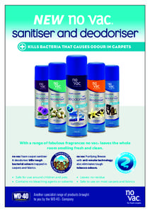 NEW  sanitiser and deodoriser With a range of fabulous fragrances no vac® leaves the whole room smelling fresh and clean.