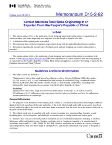 Memorandum D15[removed]Ottawa, June 18, 2014 Certain Stainless Steel Sinks Originating In or Exported From the People’s Republic of China