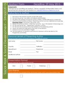 Social Work & Social Development – SW&SD2015  Abstract form Deadline: 29 May 2015