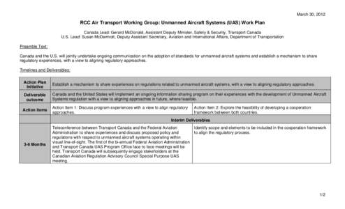 March 30, 2012  RCC Air Transport Working Group: Unmanned Aircraft Systems (UAS) Work Plan Canada Lead: Gerard McDonald, Assistant Deputy Minister, Safety & Security, Transport Canada U.S. Lead: Susan McDermott, Deputy A