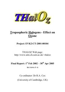 Tropospheric Halogens - Effect on Ozone Project: EVK2-CT[removed]THALOZ Web page: http://www.atm.ch.cam.ac.uk/~thaloz Final Report: 1st Feb 2002 – 30th Apr 2005