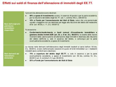 Effetti sui saldi di finanza dell’alienazione di immobili degli EE.TT.  I proventi da alienazione sono destinati: ●  ●