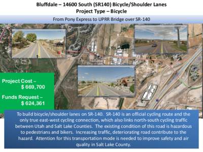 Bluffdale – 14600 South (SR140) Bicycle/Shoulder Lanes Project Type – Bicycle From Pony Express to UPRR Bridge over SR-140 Project Cost – $ 669,700