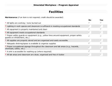 Simulated Workplace - Program Appraisal  Facilities Maintenance (if an item is not required, credit should be awarded) No * All lights are working / none burned out