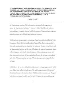 STATEMENT OF PAUL HOFFMAN, DEPUTY ASSISTANT SECRETARY, FISH WILDLIFE AND PARKS, U.S. DEPARTMENT OF THE INTERIOR, BEFORE THE SUBCOMMITTEE ON NATIONAL PARKS, OF THE SENATE COMMITTEE ON ENERGY AND NATURAL RESOURCES, CONCERN