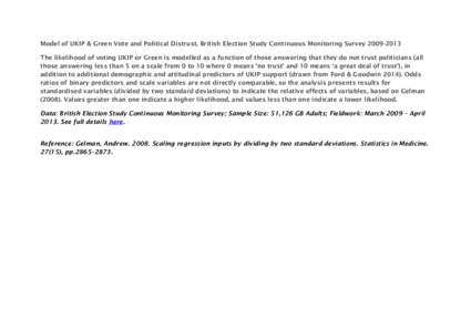 Model of UKIP & Green Vote and Political Distrust, British Election Study Continuous Monitoring SurveyThe likelihood of voting UKIP or Green is modelled as a function of those answering that they do not trust 