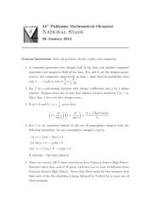 14th Philippine Mathematical Olympiad  National Stage 28 JanuaryGeneral Instruction: Solve all problems clearly, legibly and completely.