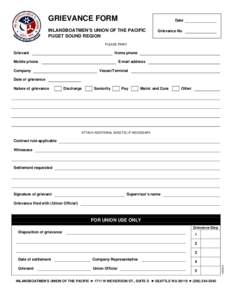 GRIEVANCE FORM  Date INLANDBOATMEN’S UNION OF THE PACIFIC PUGET SOUND REGION