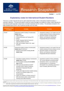 | Number 1 | July[removed]Explanatory notes for International Student Numbers There are a number of figures that can be used to describe the total number of international students studying in Australian institutions. This 