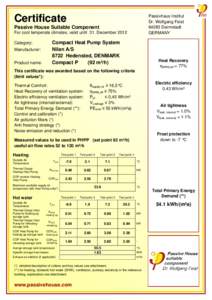 Passivhaus Institut Dr. Wolfgang FeistDarmstadt GERMANY  Certificate