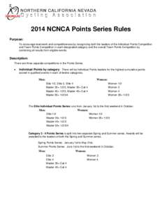 2014 NCNCA Points Series Rules Purpose: To encourage teamwork and competitiveness by recognizing both the leaders of the Individual Points Competition and Team Points Competition in each designated category and the overa