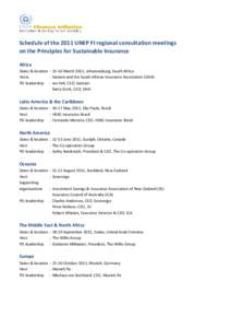 Schedule of the 2011 UNEP FI regional consultation meetings on the Principles for Sustainable Insurance Africa Dates & location : 15-16 March 2011, Johannesburg, South Africa Hosts : Santam and the South African Insuranc