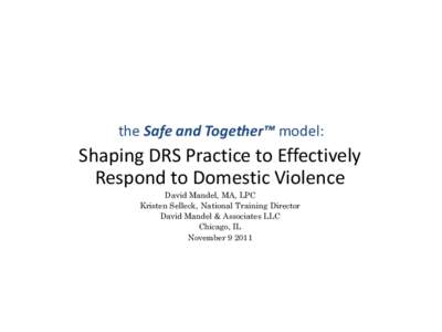 the Safe and Together™ model:  Shaping DRS Practice to Effectively Respond to Domestic Violence David Mandel, MA, LPC Kristen Selleck, National Training Director