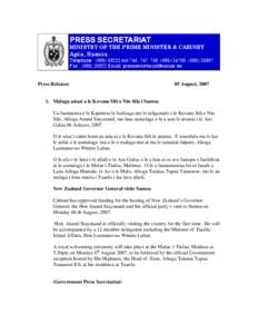 PRESS SECRETARIAT MINISTRY OF THE PRIME MINISTER & CABINET Apia, Samoa  Telephone : ([removed]ext 746, 747, 748, ([removed], ([removed]