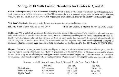 Spring, 2013 Math Contest Newsletter for Grades 6, 7, and  B T-SHIRTS (inexpensive!) & BOOK PRIZES: Available Now! T-shirts are fun. Past contests are a great resource. Cive book prizes and lor T-shirts at awards assemb/
