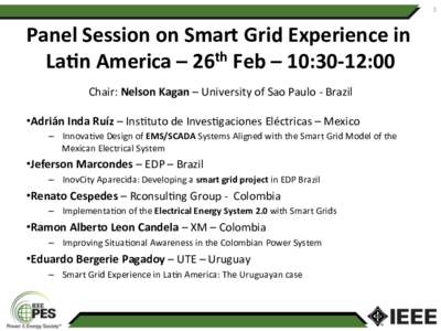 1	
    Panel	
  Session	
  on	
  Smart	
  Grid	
  Experience	
  in	
   La5n	
  America	
  –	
  26th	
  Feb	
  –	
  10:30-­‐12:00	
   Chair:	
  Nelson	
  Kagan	
  –	
  University	
  of	
  Sao