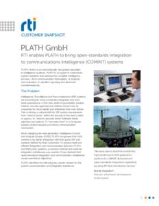 CUSTOMER SNAPSHOT  PLATH GmbH RTI enables PLATH to bring open-standards integration to communications intelligence (COMINT) systems PLATH GmbH is an internationally recognized specialist
