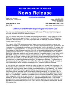 ALASKA DEPARTMENT OF REVENUE  News Release www.revenue.state.ak.us Sarah Palin, Governor Patrick Galvin, Commissioner