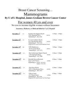 Breast Cancer Screening…  Mammograms By U of L Hospital, James Graham Brown Cancer Center  For women 40 yrs and over