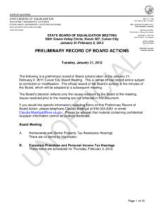 BOE Preliminary Record of Board Actions January 31-February 2, 2012