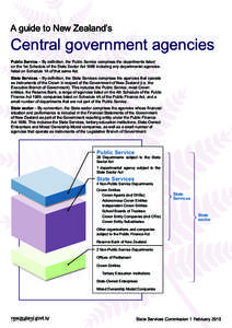 A guide to New Zealand’s  Central government agencies Public Service – By definition, the Public Service comprises the departments listed on the 1st Schedule of the State Sector Act 1988 including any departmental ag