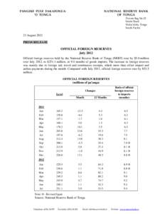 PANGIKE PULE FAKAFONUA ‘O TONGA NATIONAL RESERVE BANK OF TONGA Private Bag No.25