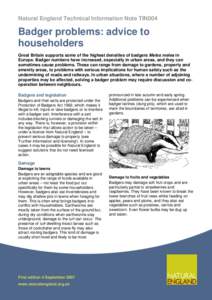 Natural England Technical Information Note TIN004  - Badger problems:advice to householders
