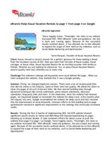 eBrandz Helps Kauai Vacation Rentals to page 1 from page 4 on Google eBrandz Appraisal: 