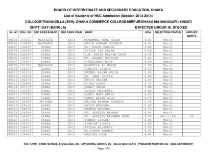 BOARD OF INTERMEDIATE AND SECONDARY EDUCATION, DHAKA List of Students of HSC Admission (Session[removed]COLLEGE/THANA/ZILLA (EIIN): DHAKA COMMERCE COLLEGE/MIRPUR/DHAKA MAHANAGARI[removed]SHIFT: DAY (BANGLA) SL NO ROL