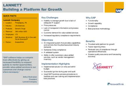 LANNETT Building a Platform for Growth QUICK FACTS Key Challenges