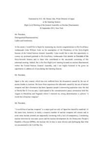 Statement by H.E. Mr. Shinzo Abe, Prime Minister of Japan at the Opening Session High-Level Meeting of the General Assembly on Nuclear Disarmament 26 September 2013, New York Mr. President, Distinguished Representatives,