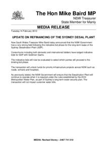 The Hon Mike Baird MP NSW Treasurer State Member for Manly MEDIA RELEASE Tuesday 14 February 2012